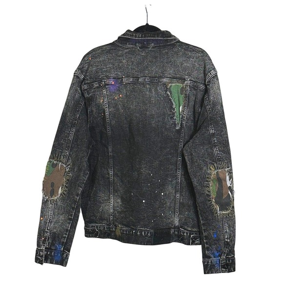STAPLE Men's Distressed Dark Stone Wash Denim Jacket XL Paint Splatter Patches - Picture 2 of 16
